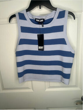Women's DKNY Jeans Striped Crop Top in Blue and Light Blue, Size XL